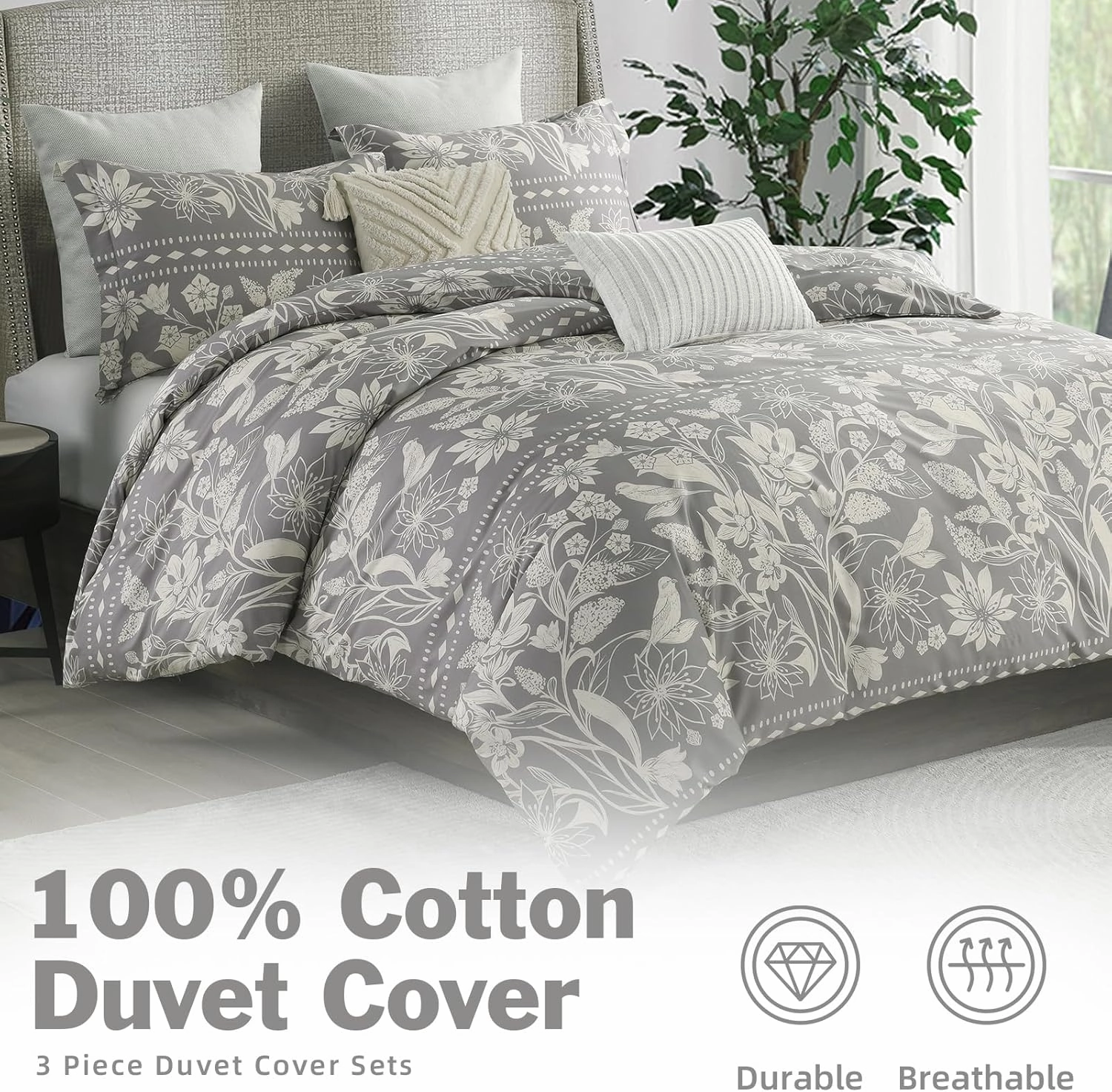 EWlinens Floral Duvet Cover Queen Size - 100% Washed Cotton Duvet Cover Set, 3 Pieces Botanical Bird Bedding Set with Zipper Closure & 8 Corner Ties, 1 Grey Duvet Cover with 2 Pillowshams, 90"x90"