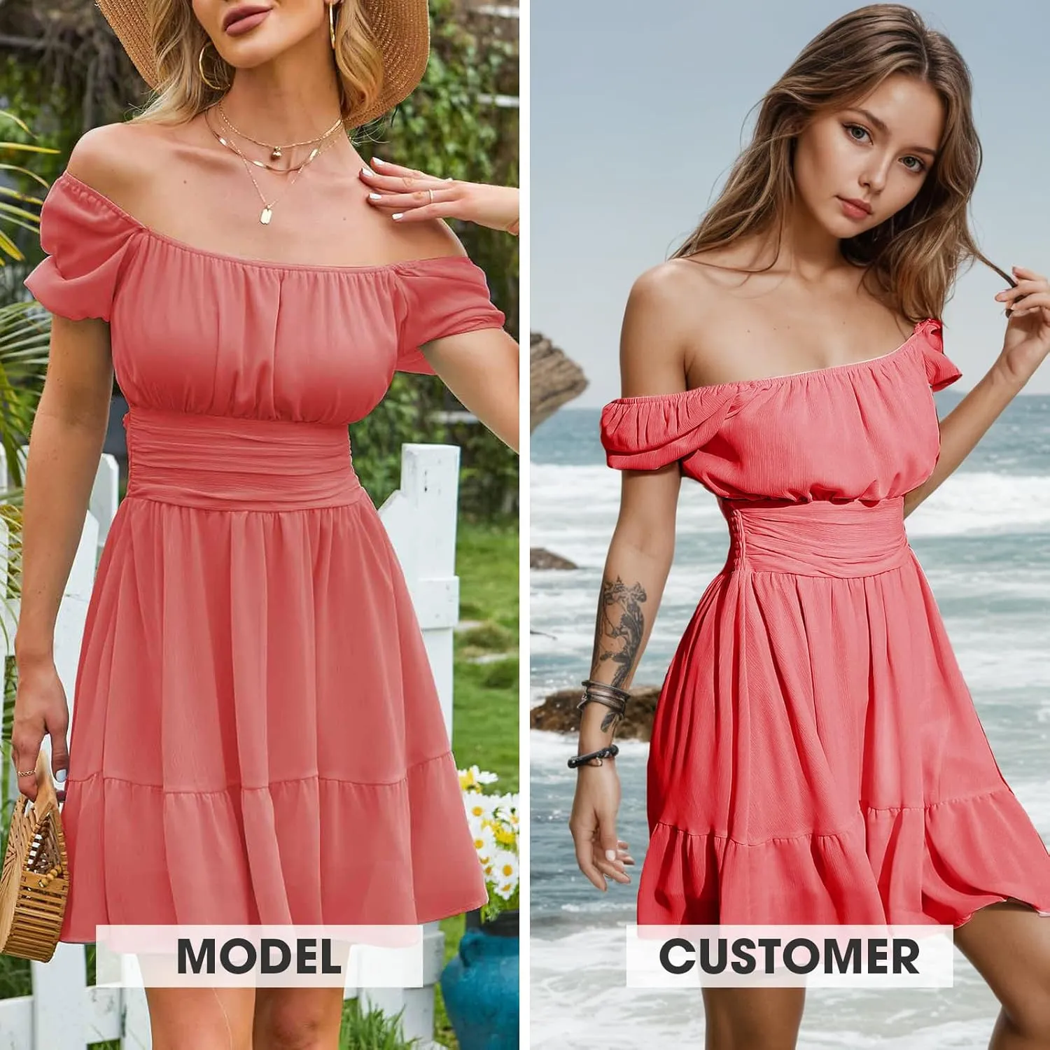 EXLURA Women's 2025 Summer Short Puff Sleeve Casual Short Mini Dresses Tie Back Square Neck A-Line Sundress