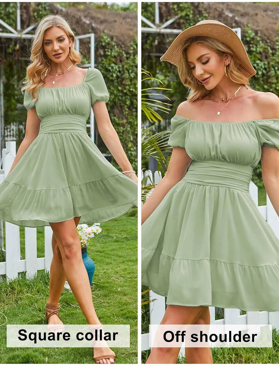 EXLURA Women's 2025 Summer Short Puff Sleeve Casual Short Mini Dresses Tie Back Square Neck A-Line Sundress
