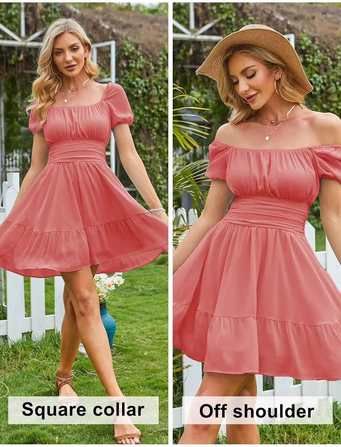 EXLURA Women's 2025 Summer Short Puff Sleeve Casual Short Mini Dresses Tie Back Square Neck A-Line Sundress
