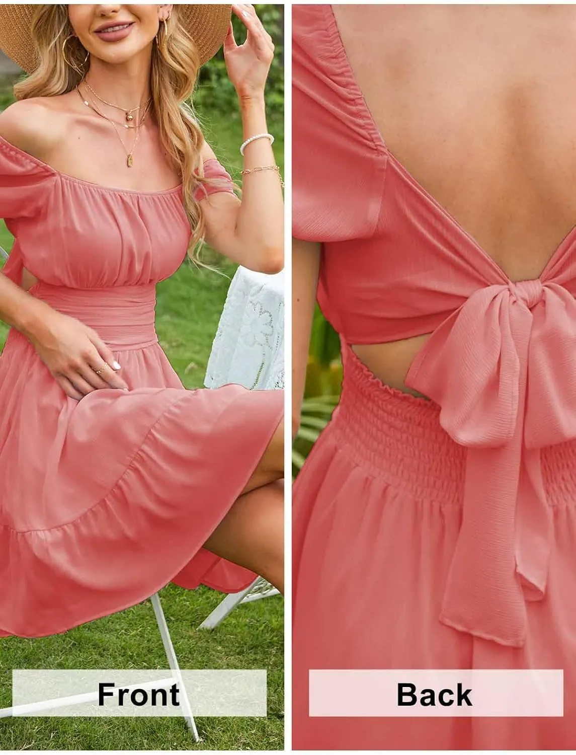 EXLURA Women's 2025 Summer Short Puff Sleeve Casual Short Mini Dresses Tie Back Square Neck A-Line Sundress