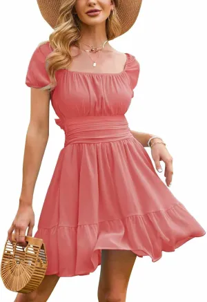 EXLURA Women's 2025 Summer Short Puff Sleeve Casual Short Mini Dresses Tie Back Square Neck A-Line Sundress