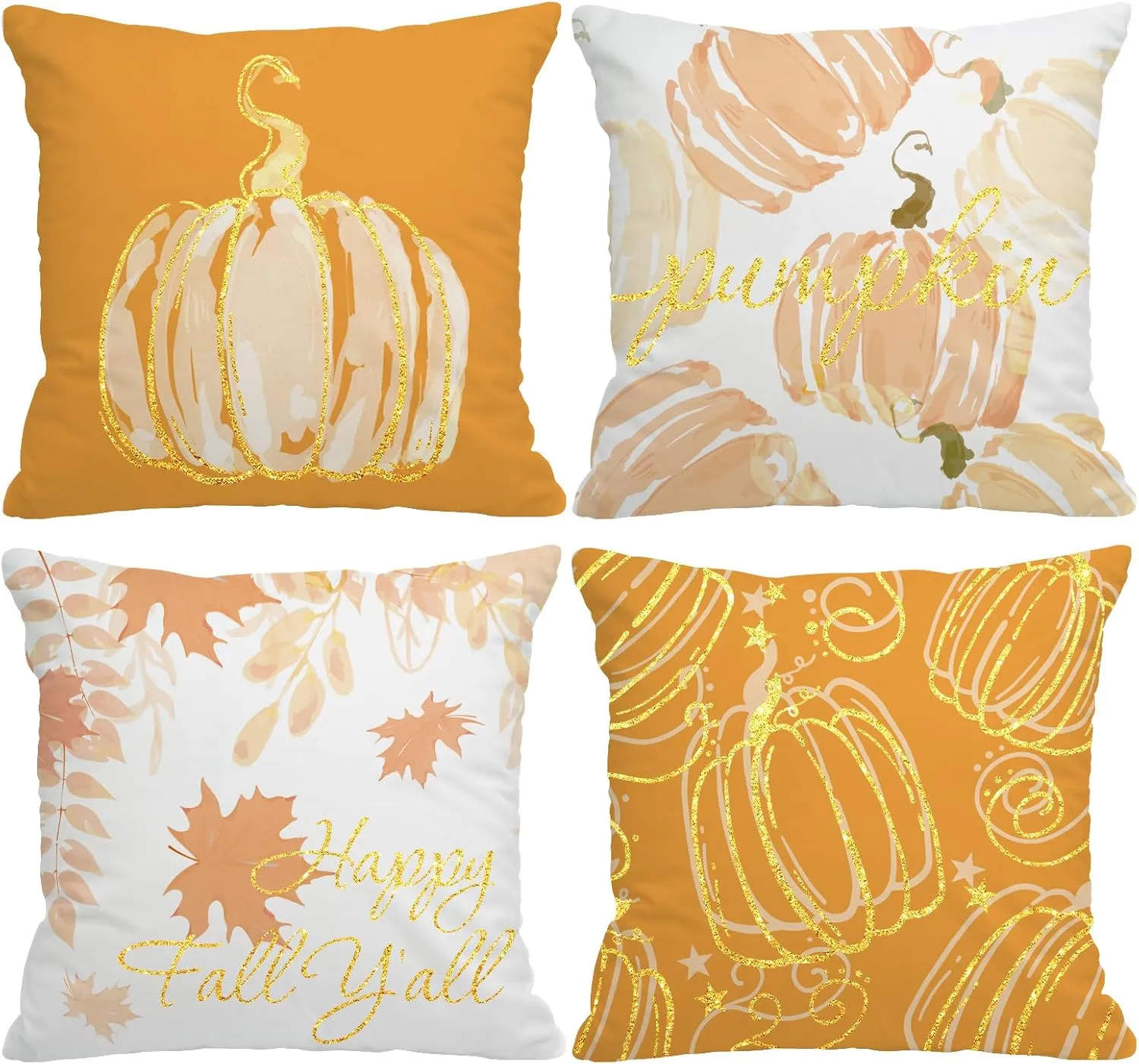 Fall Pillow Covers 18x18 Inch Set of 4 Glitter Pumpkins Throw Pillowcase Autumn Harvest Farmhouse Home Decorations Sofa Bedroom Cushion Case