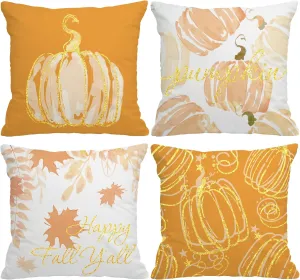 Fall Pillow Covers 18x18 Inch Set of 4 Glitter Pumpkins Throw Pillowcase Autumn Harvest Farmhouse Home Decorations Sofa Bedroom Cushion Case