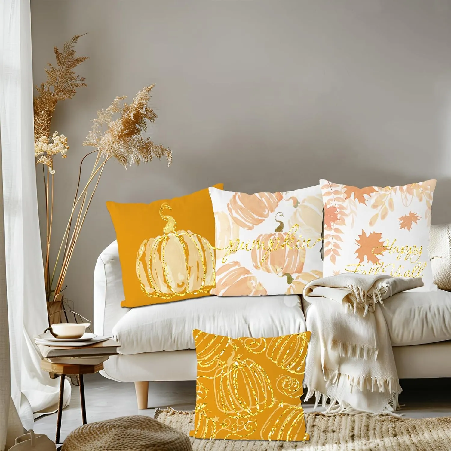 Fall Pillow Covers 18x18 Inch Set of 4 Glitter Pumpkins Throw Pillowcase Autumn Harvest Farmhouse Home Decorations Sofa Bedroom Cushion Case
