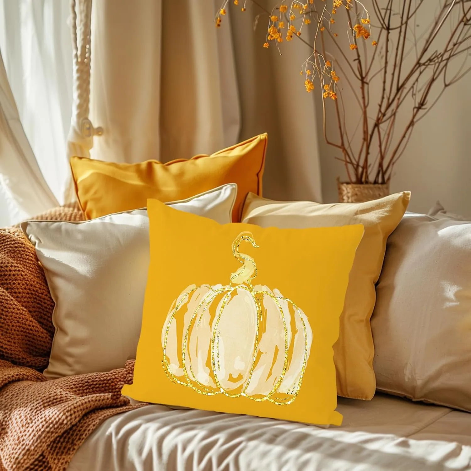 Fall Pillow Covers 18x18 Inch Set of 4 Glitter Pumpkins Throw Pillowcase Autumn Harvest Farmhouse Home Decorations Sofa Bedroom Cushion Case