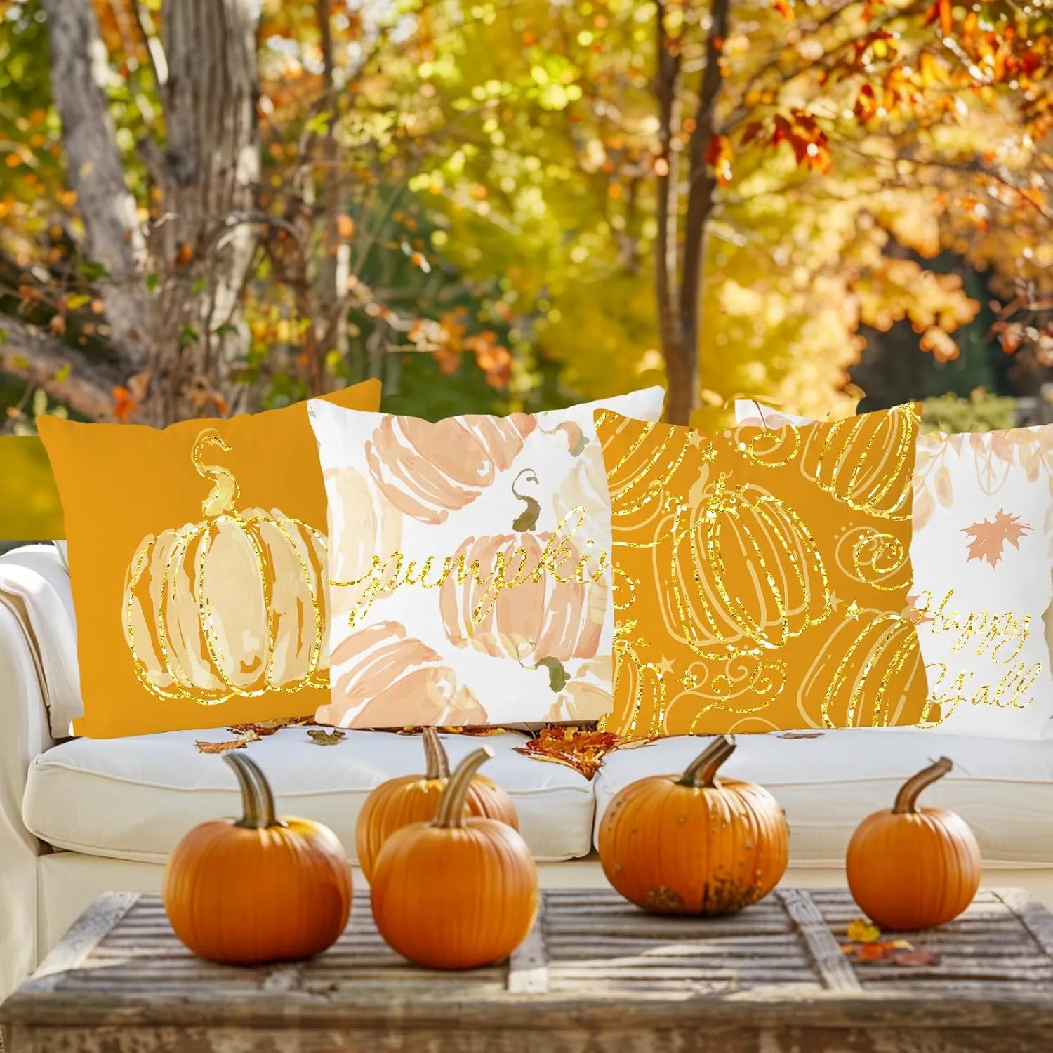 Fall Pillow Covers 20x20 Inch Set of 4 Glitter Pumpkins Throw Pillowcase Autumn Harvest Farmhouse Home Decorations Sofa Bedroom Cushion Case