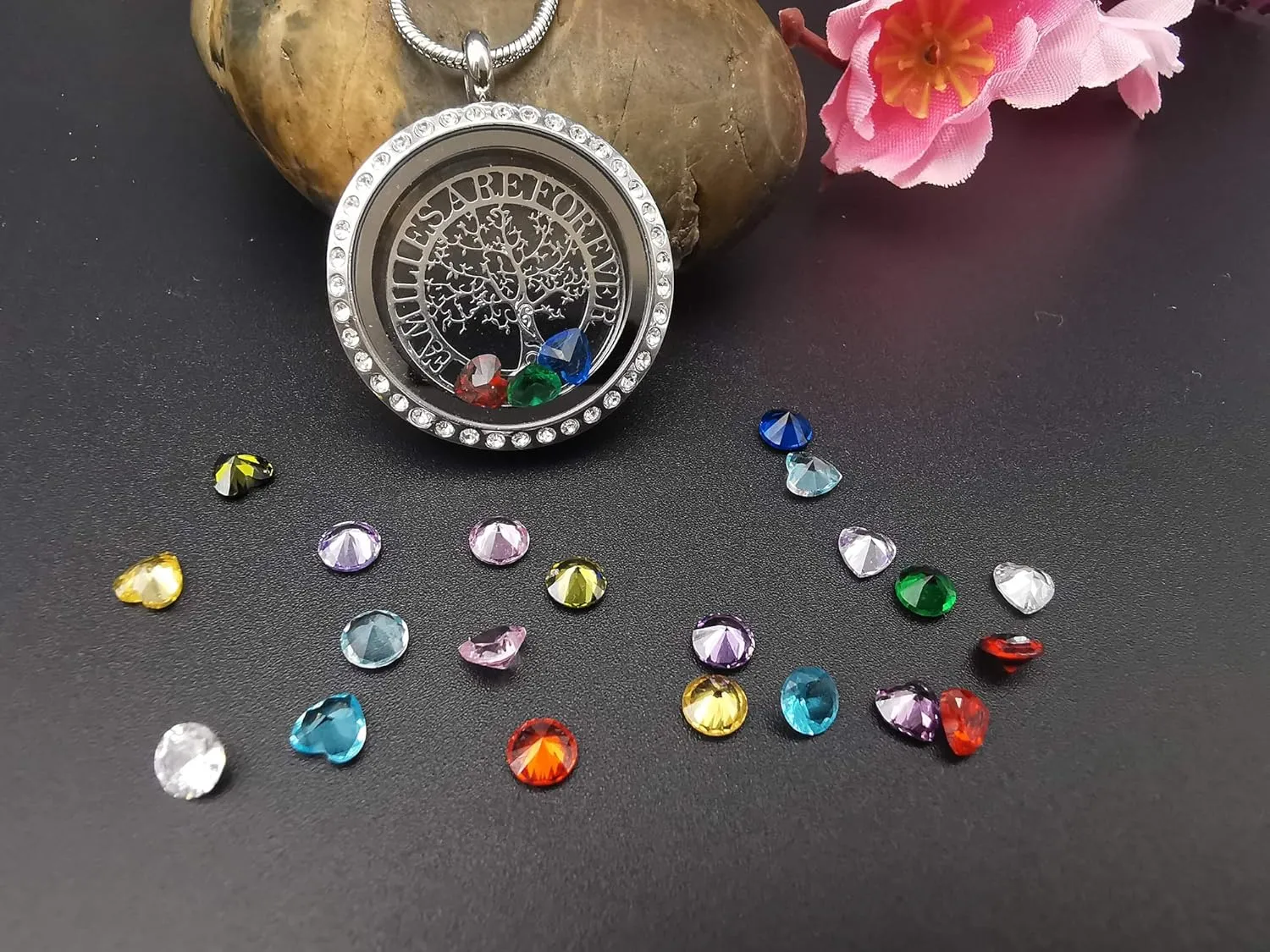 Familes Are Forever Family Tree of Life Floating Locket Necklace with 24 Birthstones