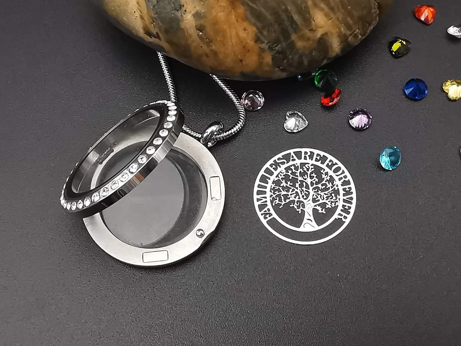 Familes Are Forever Family Tree of Life Floating Locket Necklace with 24 Birthstones