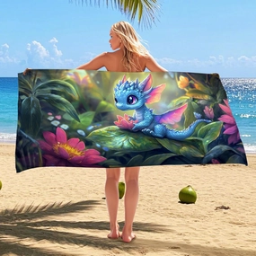 Fanciful Dragon Microfiber Beach Towel Blue Fairy Tale Creature Bath Towel, Quick Dry Absorbent Soft Sand Free Lightweight Beach Blanket, Outdoor Travel Pool Picnic Essentials 70x35 Inch
