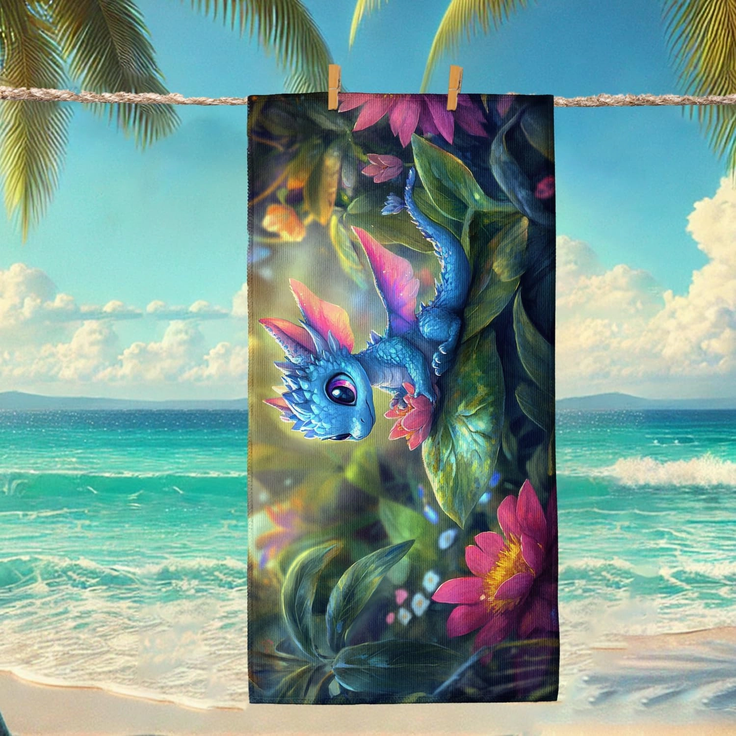 Fanciful Dragon Microfiber Beach Towel Blue Fairy Tale Creature Bath Towel, Quick Dry Absorbent Soft Sand Free Lightweight Beach Blanket, Outdoor Travel Pool Picnic Essentials 70x35 Inch