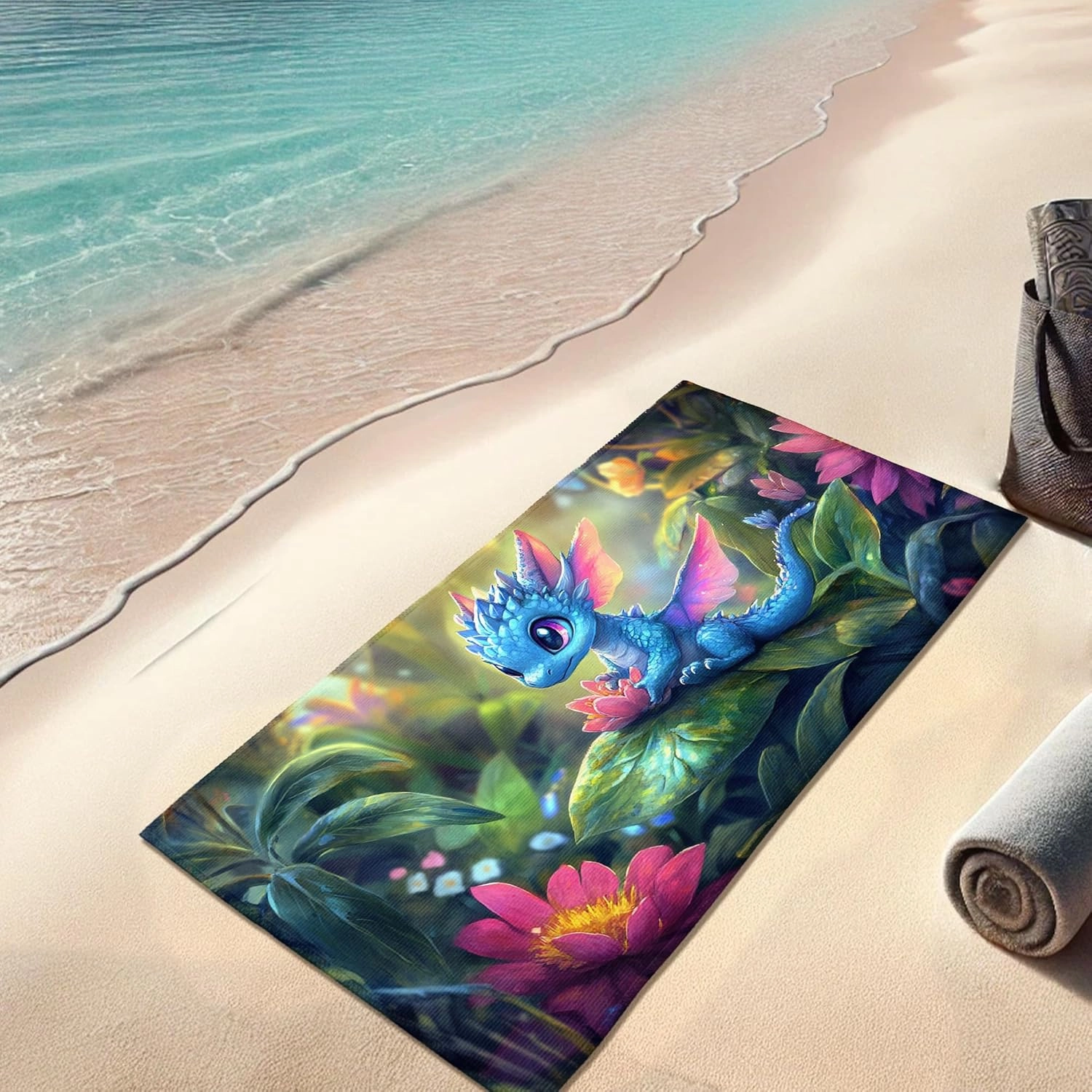 Fanciful Dragon Microfiber Beach Towel Blue Fairy Tale Creature Bath Towel, Quick Dry Absorbent Soft Sand Free Lightweight Beach Blanket, Outdoor Travel Pool Picnic Essentials 70x35 Inch