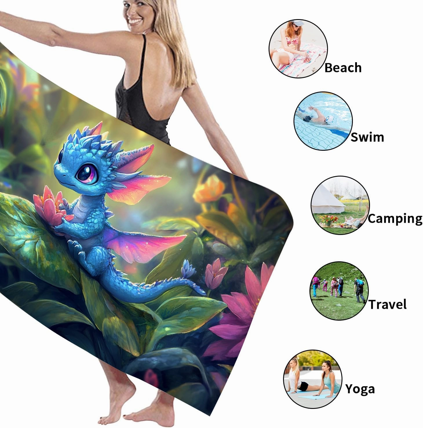 Fanciful Dragon Microfiber Beach Towel Blue Fairy Tale Creature Bath Towel, Quick Dry Absorbent Soft Sand Free Lightweight Beach Blanket, Outdoor Travel Pool Picnic Essentials 70x35 Inch