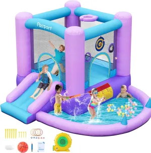 FBSPORT Inflatable Bounce House, Kids Bounce Castle Slide for Indoor Outdoor,Toddler Baby Jumper Bouncer, Kids Jumping Bouncy House with Blower, Ball Pit Pool, Basketball Hoop, Dart Game, Blue