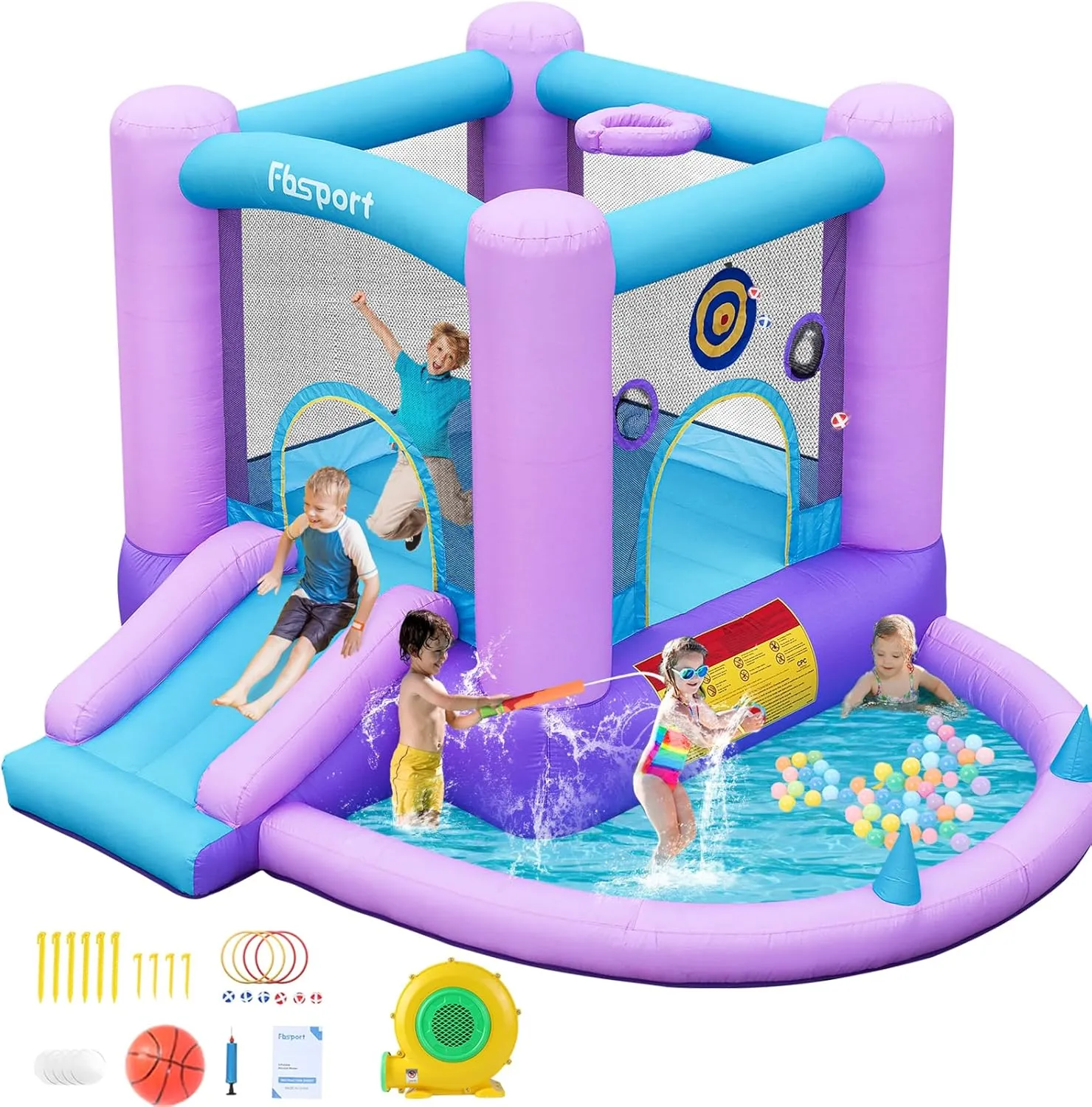 FBSPORT Inflatable Bounce House, Kids Bounce Castle Slide for Indoor Outdoor,Toddler Baby Jumper Bouncer, Kids Jumping Bouncy House with Blower, Ball Pit Pool, Basketball Hoop, Dart Game, Blue