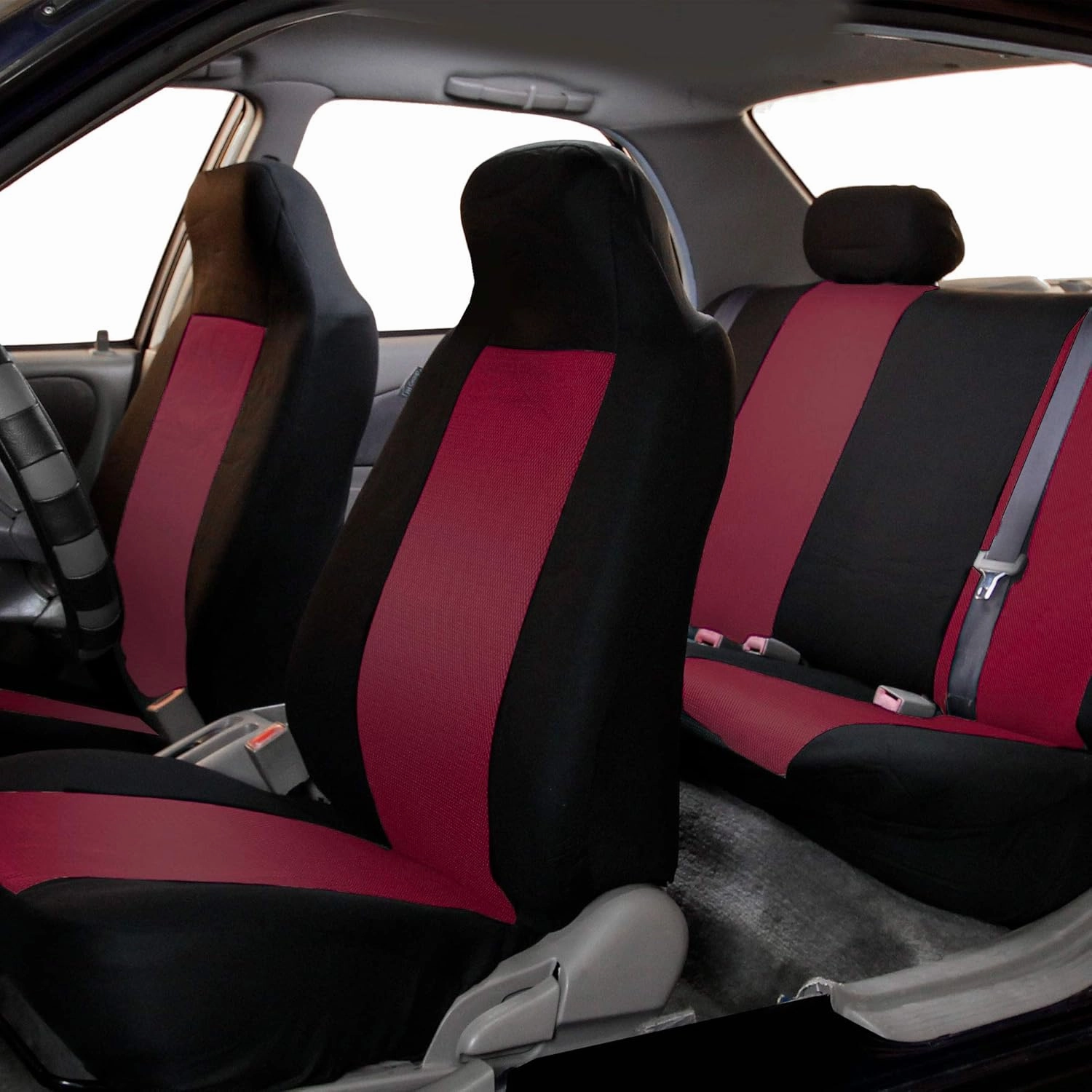 FH Group Automotive Car Accessories Full Set Burgundy Cloth Universal Fit Seat Covers, High Back Front Seat Covers for SUV, Sedan, Van Seat Cover, Car Seat Cover Combo Small Car Seat Cover Design