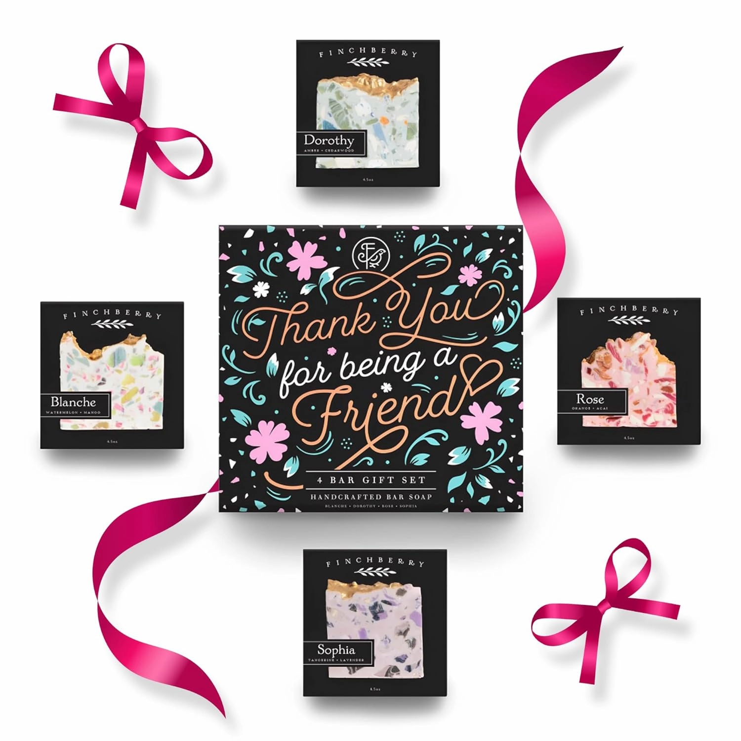 FinchBerry Thank You for Being a Friend Gift Set – Best Friends & Friendship Gifts for Women & Men – Includes 4 Handmade Natural Bar Soaps (4.5 oz Each)