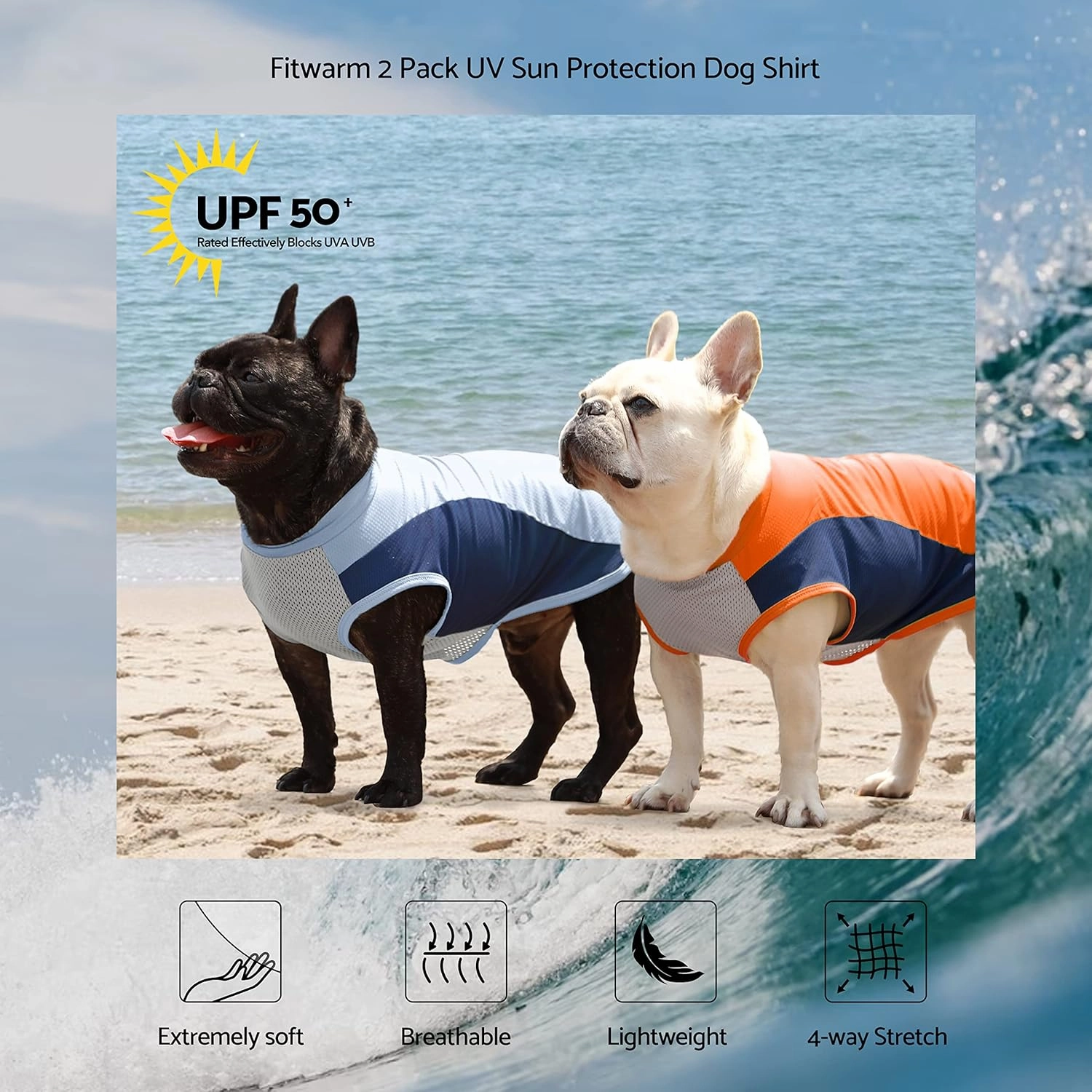 Fitwarm 2 Pack UPF 50  UV Sun Protection Dog Shirt, Quick Dry Summer Dog Clothes for Small Dogs Boy Girl, Reflective Label, Lightweight Breathable Cooling Vest, Pet Cat Outfit, Orange, Blue, Small