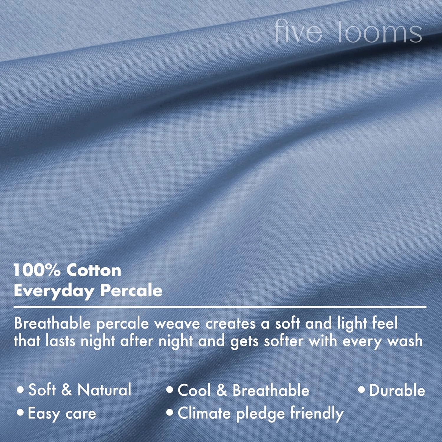 Five Looms 3 Piece Everyday Percale Sheets Set, 100% Cotton with Deep Pocket 15”, Easy Care Natural and Breathable Crisp Cooling Sheets Set, Fitted Sheet and 2 Pillowcases, Twin, French Blue