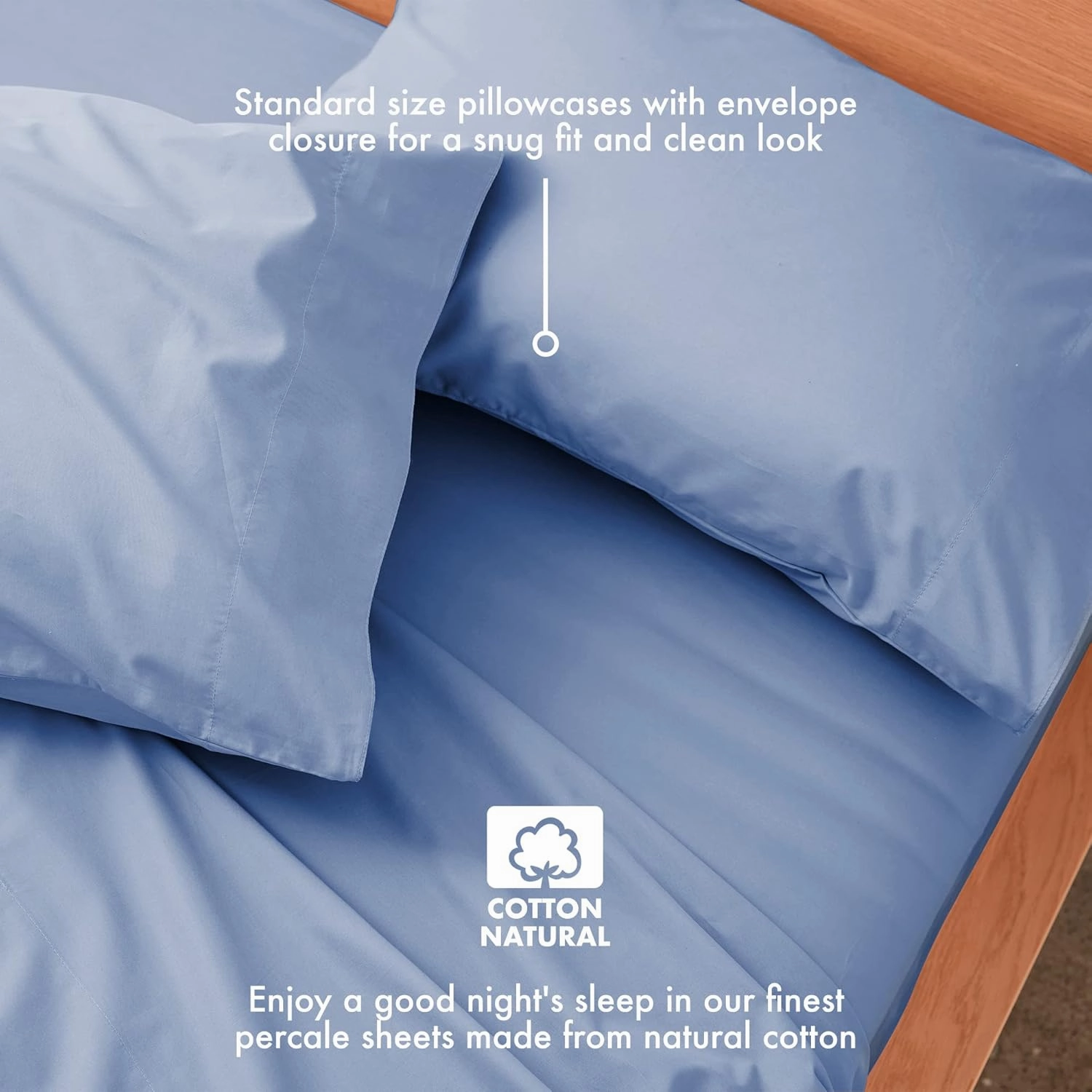 Five Looms 3 Piece Everyday Percale Sheets Set, 100% Cotton with Deep Pocket 15”, Easy Care Natural and Breathable Crisp Cooling Sheets Set, Fitted Sheet and 2 Pillowcases, Twin, French Blue