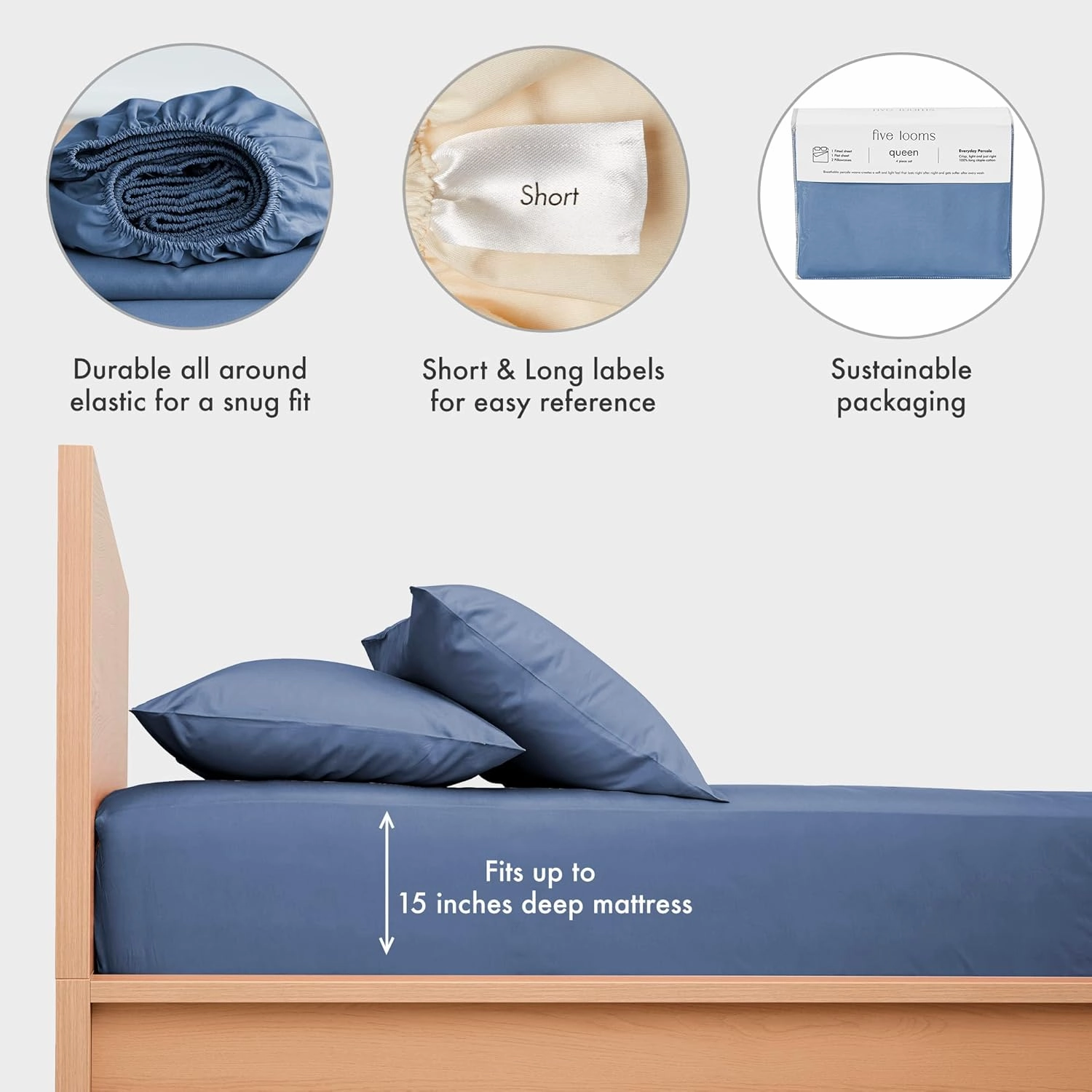 Five Looms 3 Piece Everyday Percale Sheets Set, 100% Cotton with Deep Pocket 15”, Easy Care Natural and Breathable Crisp Cooling Sheets Set, Fitted Sheet and 2 Pillowcases, Twin, French Blue