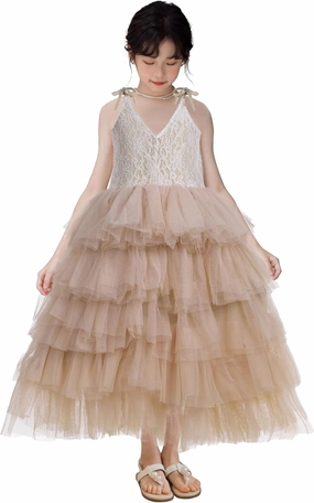 Flower Girl Dress for Wedding, Girls Full Length Fancy Tutu Tulle Tiered Lace Party Dresses