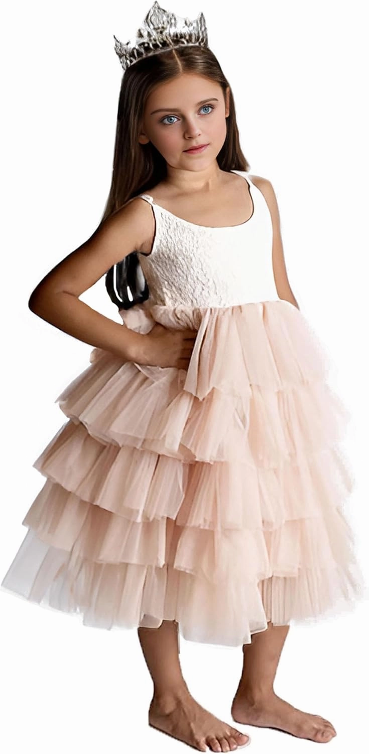 Flower Girl Dress for Wedding, Girls Full Length Fancy Tutu Tulle Tiered Lace Party Dresses