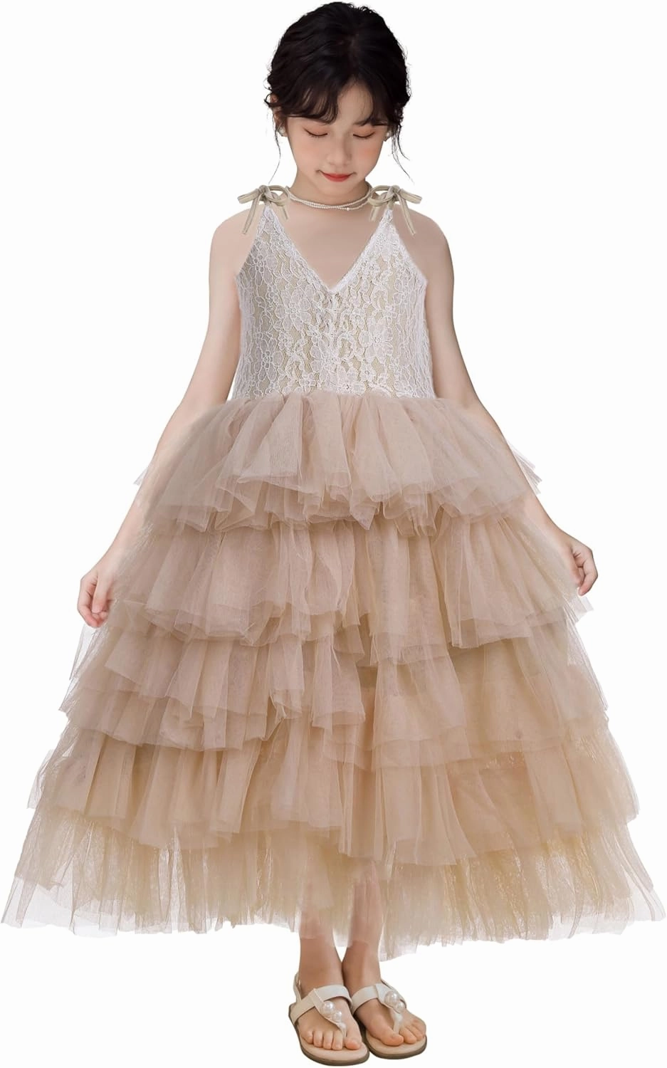 Flower Girl Dress for Wedding, Girls Full Length Fancy Tutu Tulle Tiered Lace Party Dresses