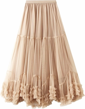 Flygo Women's Maxi Tulle Skirt Long Tiered A Line Mesh Tutu Fairy High Elastic Waist Pleated Layered Skirts