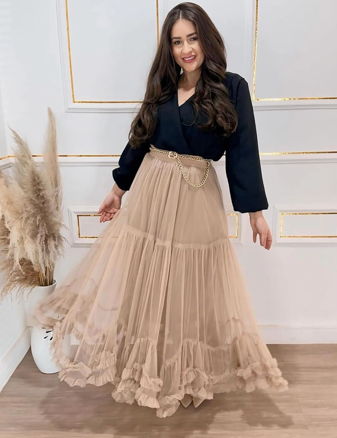 Flygo Women's Maxi Tulle Skirt Long Tiered A Line Mesh Tutu Fairy High Elastic Waist Pleated Layered Skirts