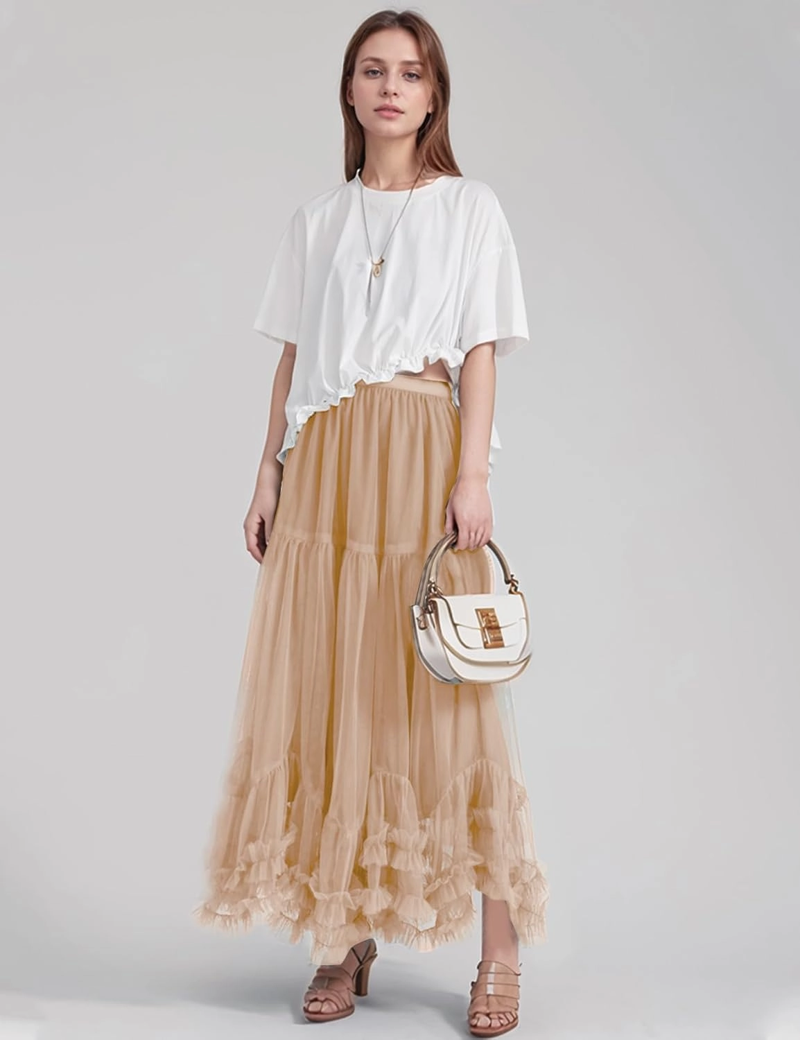 Flygo Women's Maxi Tulle Skirt Long Tiered A Line Mesh Tutu Fairy High Elastic Waist Pleated Layered Skirts