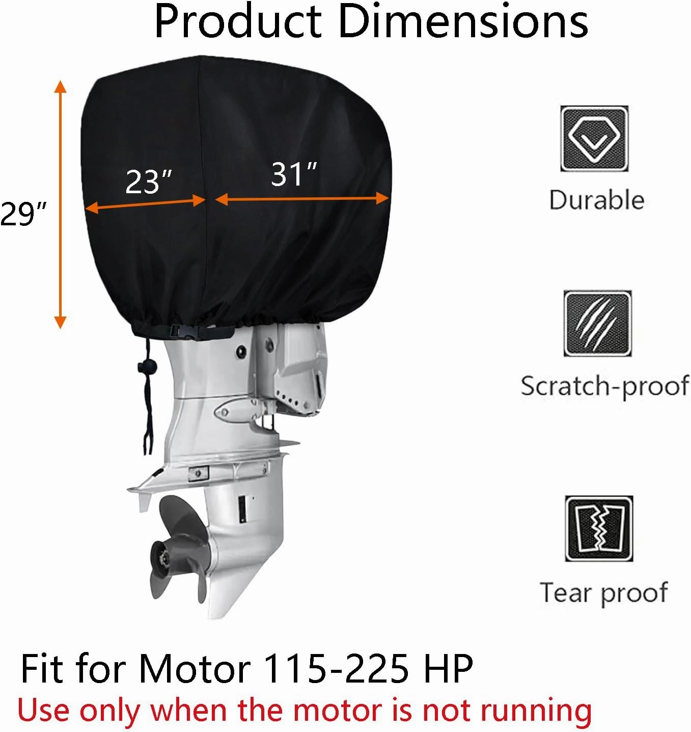 FLYMEI Outboard Motor Cover, 600D Boat Engine Hood Covers Waterproof & Heavy Duty - Fit for Motor 115-225 HP, Black