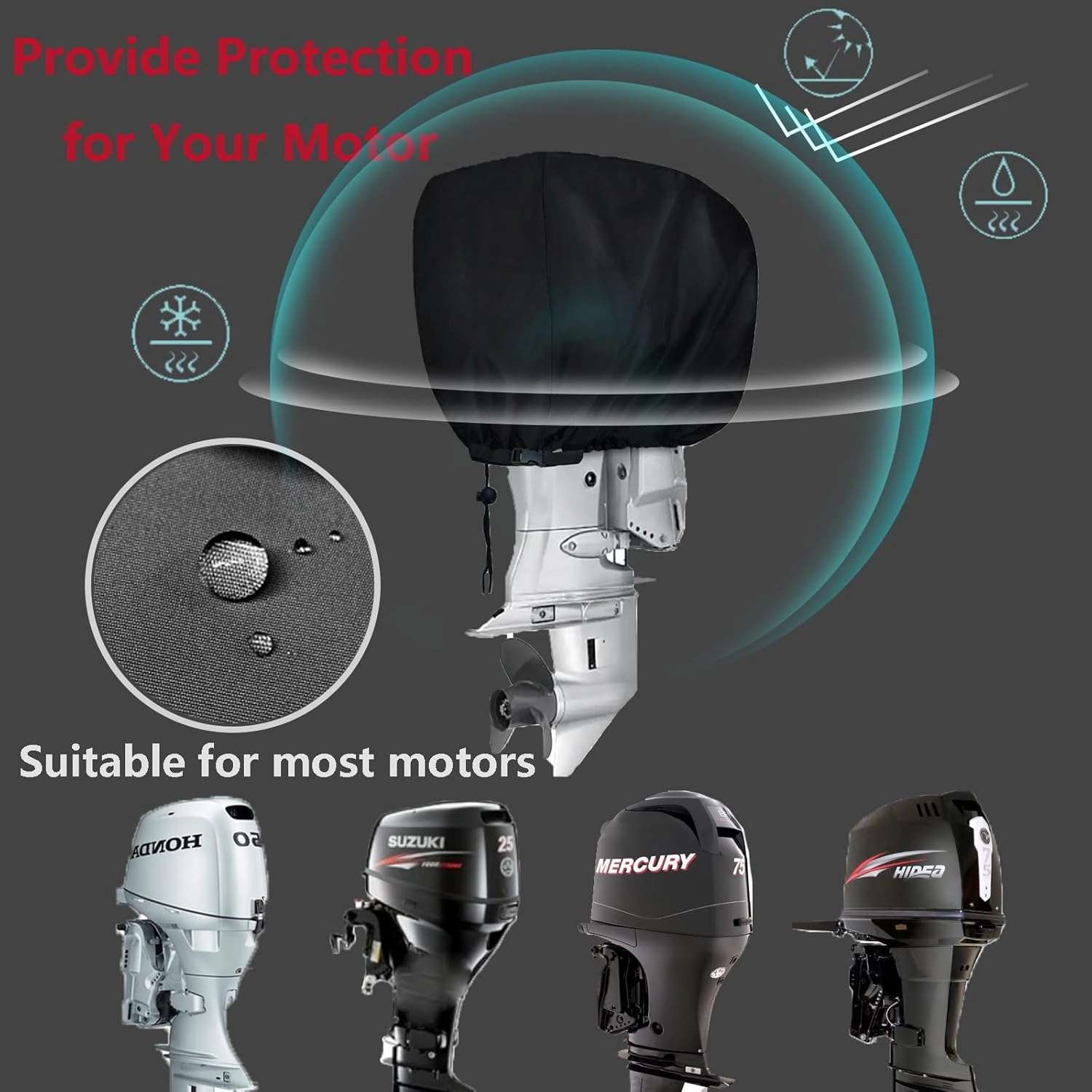FLYMEI Outboard Motor Cover, 600D Boat Engine Hood Covers Waterproof & Heavy Duty - Fit for Motor 115-225 HP, Black