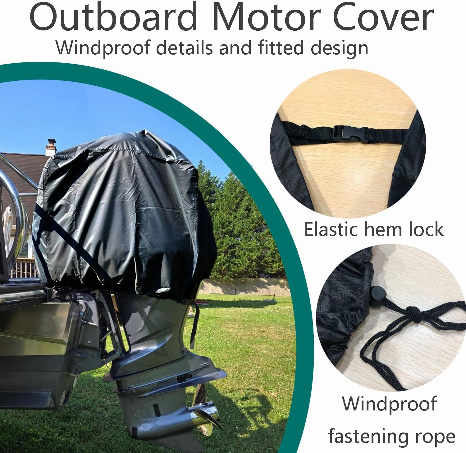 FLYMEI Outboard Motor Cover, 600D Boat Engine Hood Covers Waterproof & Heavy Duty - Fit for Motor 115-225 HP, Black