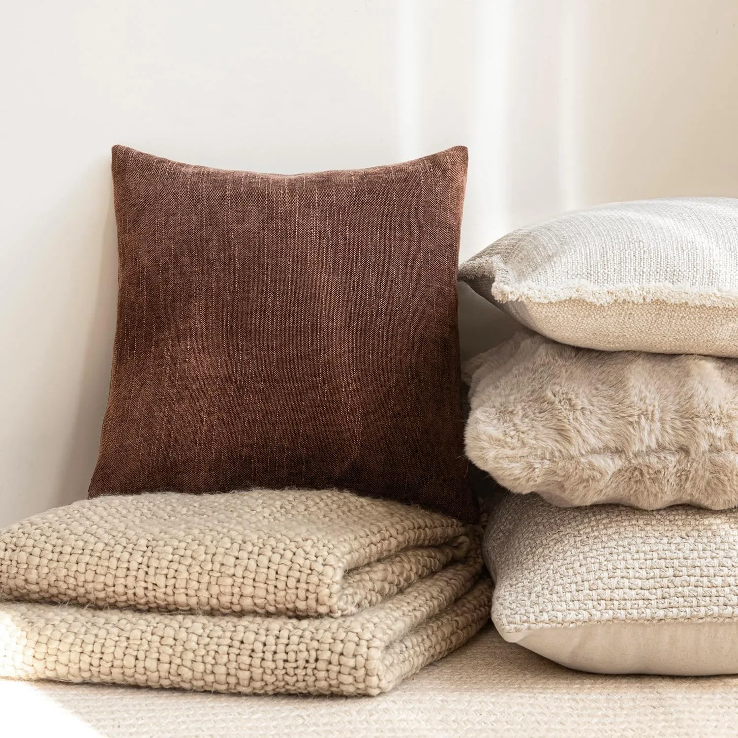 Foindtower Pack of 2 Soft Textured Chenille Throw Decorative Pillow Covers Square Accent Solid Cushion Cover Cozy Neutral Farmhouse Pillow Case for Couch Sofa Bedroom Living Room 20x20 Inch,Red Brown