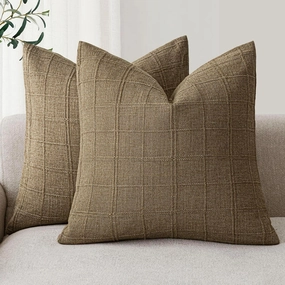 Foindtower Set of 2 Decorative Linen Check Throw Pillow Covers Neutral Farmhouse Vintage Cushion Covers Modern Boho Home Decor for Sofa Chair Couch Bedroom Living Room Outdoor,20×20 Inch, Brown