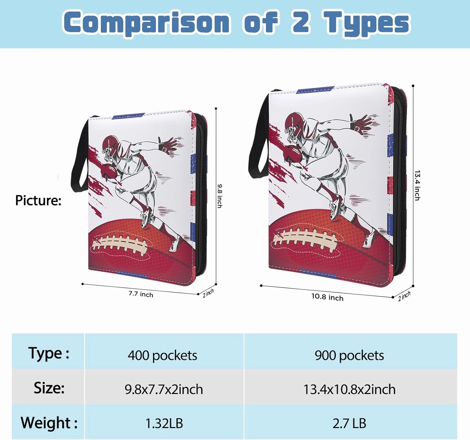 Football Card Binder 900 Pockets, 9-Pocket Album for Sports Trading Cards, Portable Collectible Binder with 50 Removable Sleeves