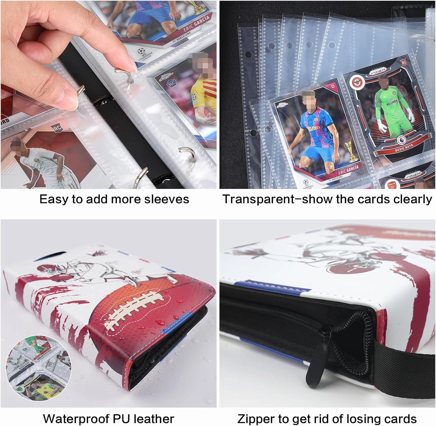 Football Card Binder 900 Pockets, 9-Pocket Album for Sports Trading Cards, Portable Collectible Binder with 50 Removable Sleeves