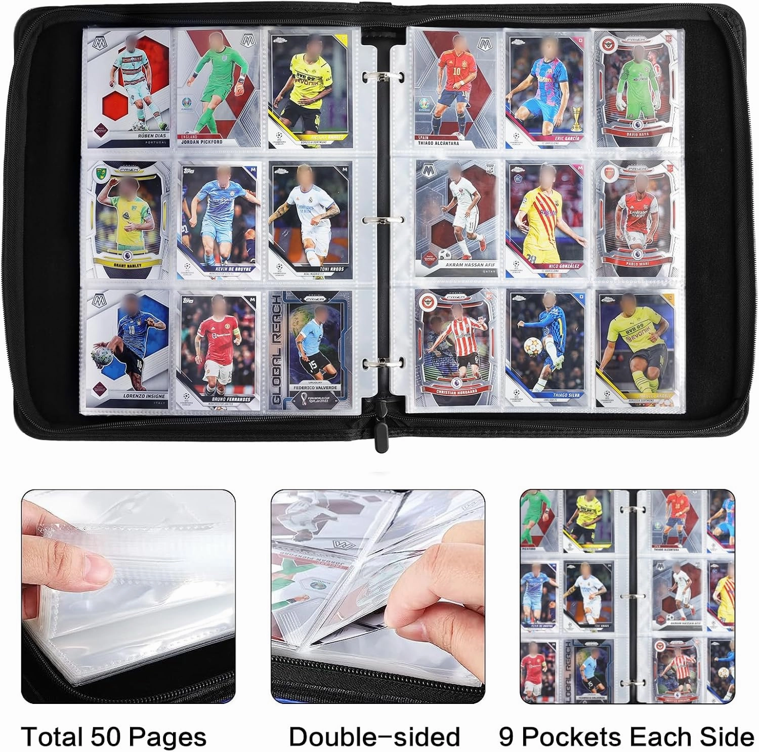 Football Card Binder 900 Pockets, 9-Pocket Album for Sports Trading Cards, Portable Collectible Binder with 50 Removable Sleeves
