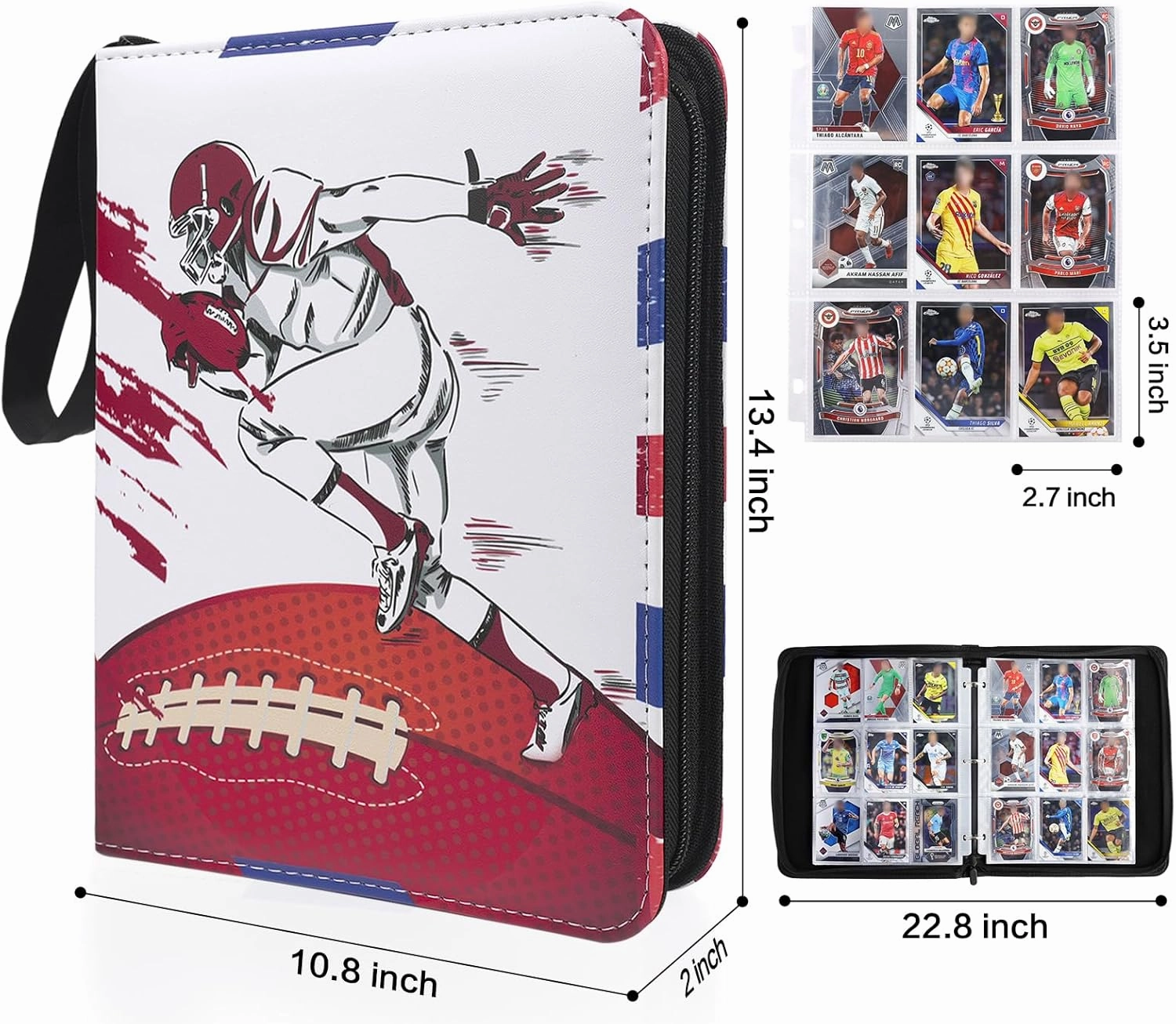 Football Card Binder 900 Pockets, 9-Pocket Album for Sports Trading Cards, Portable Collectible Binder with 50 Removable Sleeves