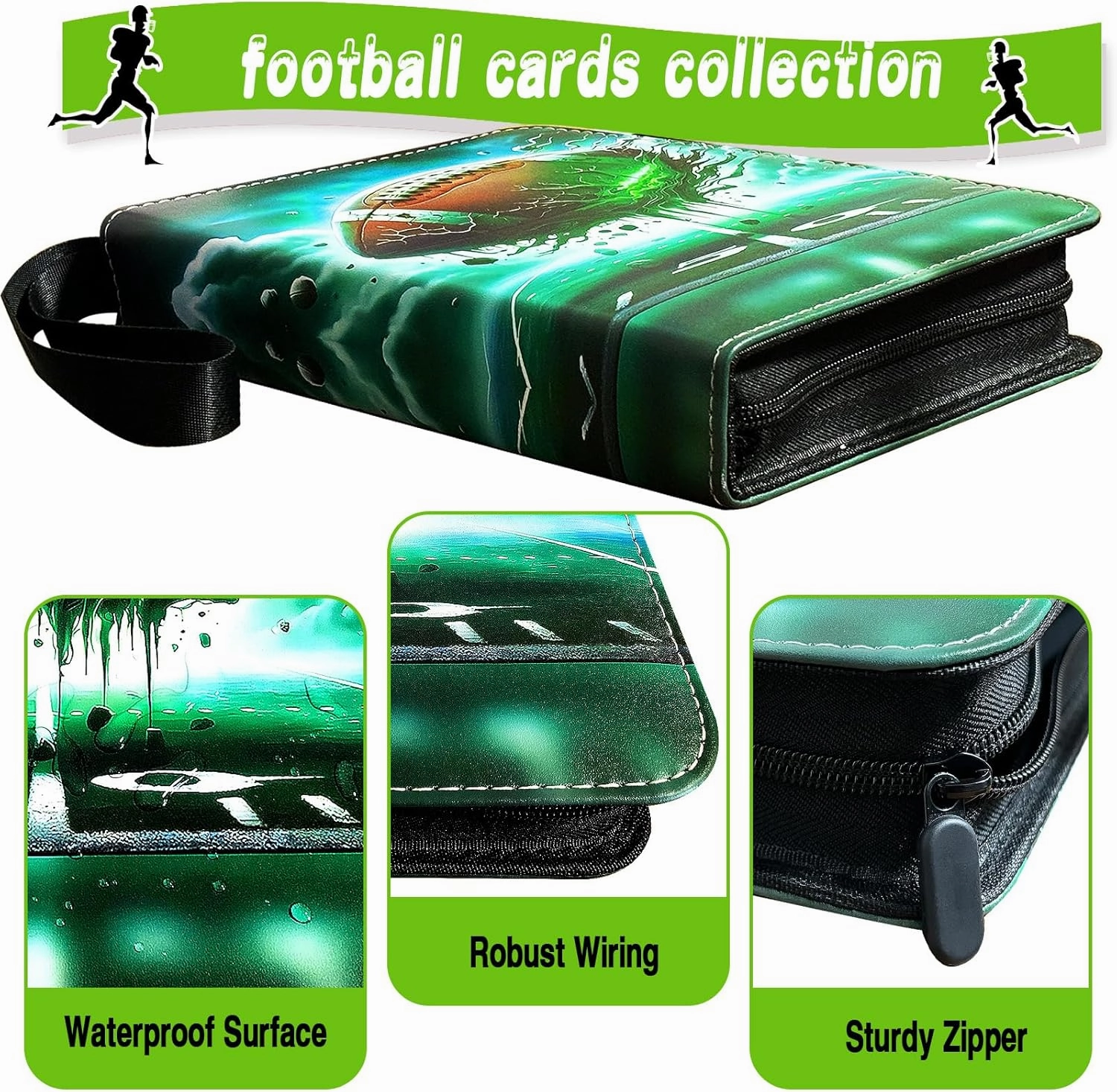 Football Card Binder, Trading Card Binder 4 Pocket with 50 Removable Sleeves Fits 400 Sport Cards, 3 Ring Card Holder Binder with Zipper, Collector Storage Album