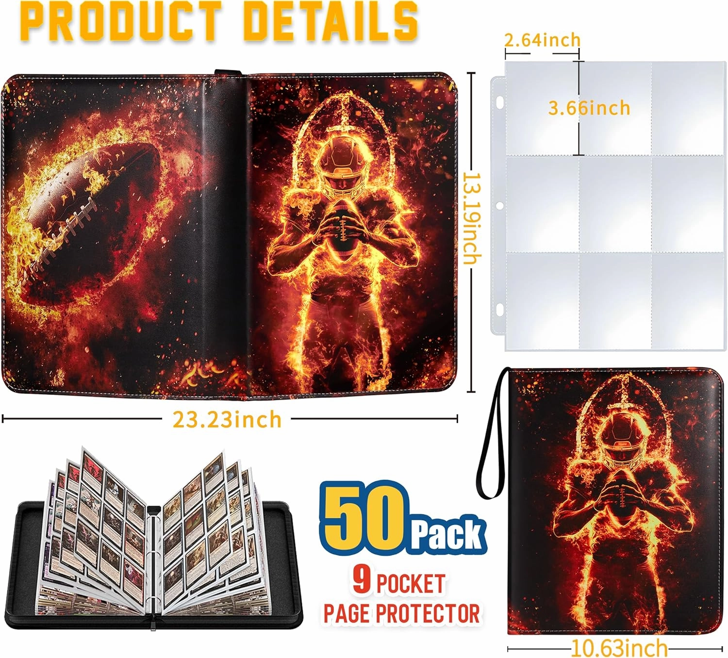 Football Cards Binder, 900 Pockets, 50 Removable Sleeves, Sports Trading Card Holder, Standard Size, Universal Compatibility, Football Themed