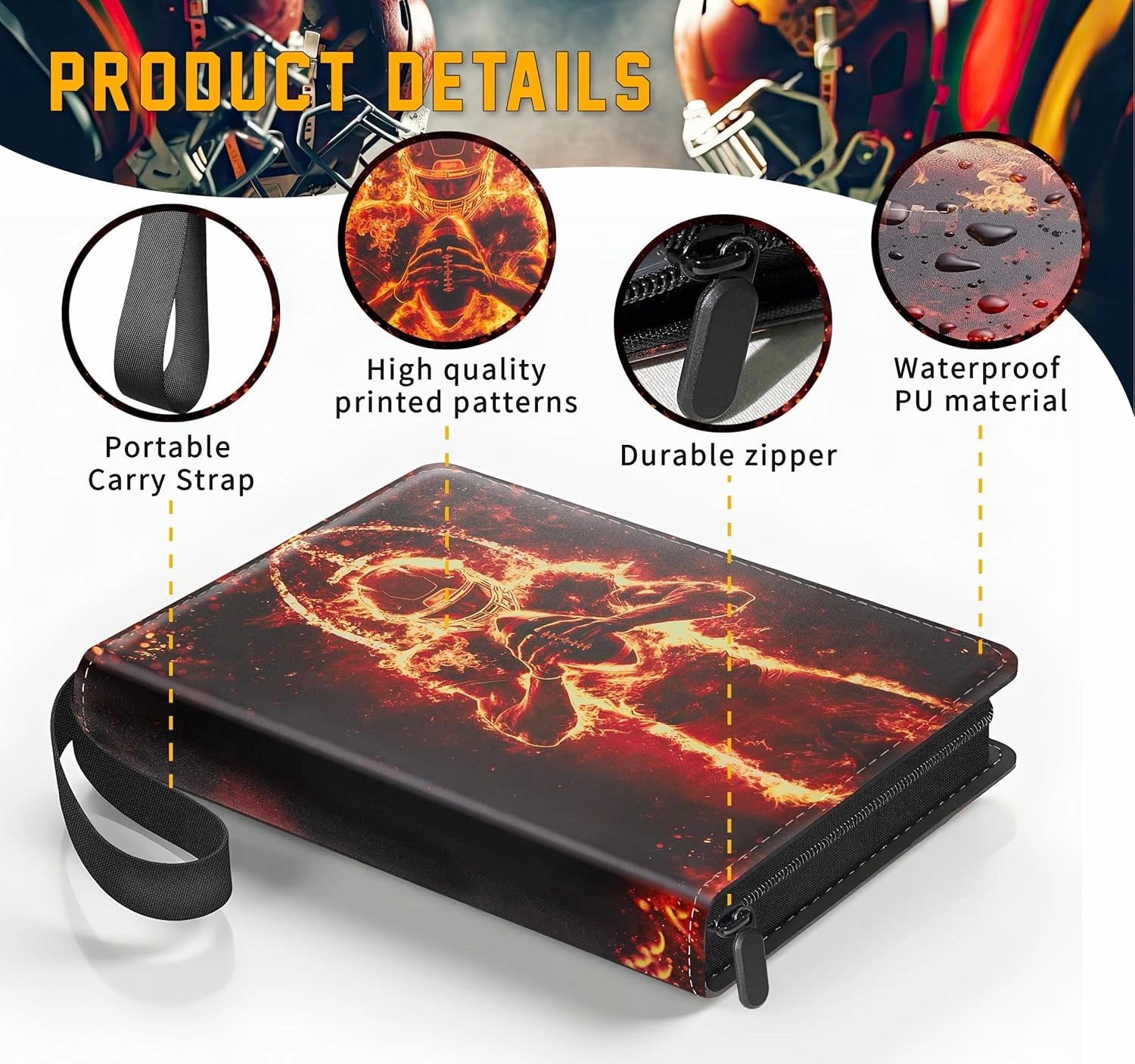 Football Cards Binder, 900 Pockets, 50 Removable Sleeves, Sports Trading Card Holder, Standard Size, Universal Compatibility, Football Themed