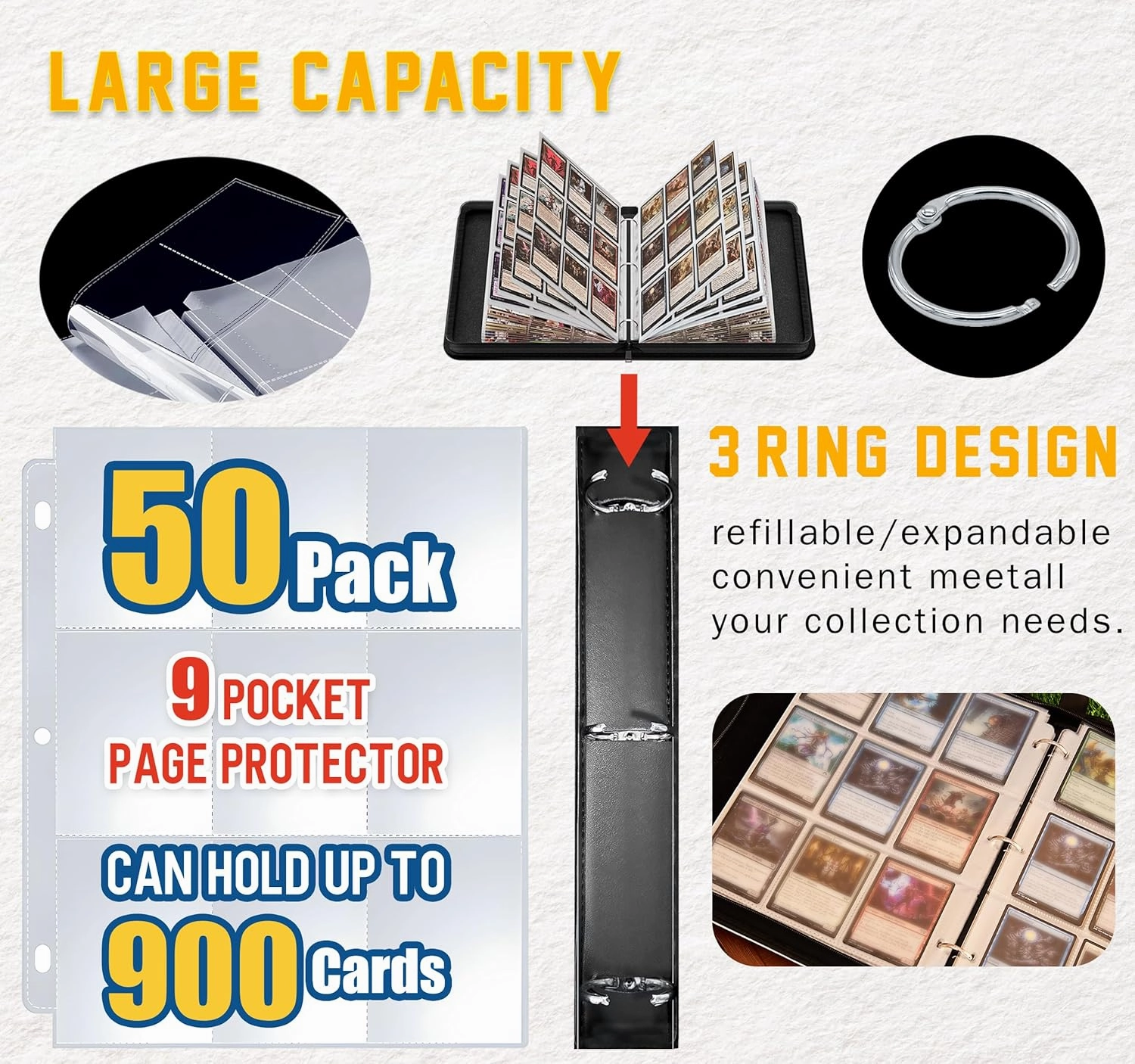 Football Cards Binder, 900 Pockets, 50 Removable Sleeves, Sports Trading Card Holder, Standard Size, Universal Compatibility, Football Themed
