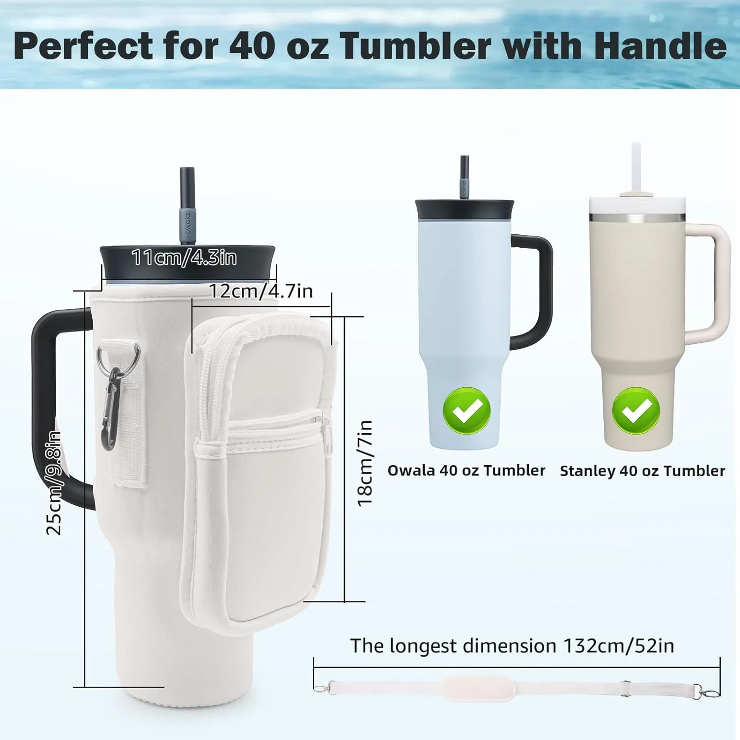 for Owala Stainless Steel Triple Layer Insulated Travel Tumbler Water Bottle Cup Holder Cover Carrier Sling Bag with Strap, Pouch Pocket for Phone/Accessories, add Handle for Owala 40 oz