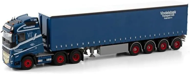 for WSI for Volvo FH5 for Globetrotter 6X2 Twin Steer CURTAINSIDE Trailer - 4 AXLE for VINDELSBAEK 1/50 Truck Pre-Built Model