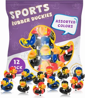 Forest & Twelfth Sports-Themed Rubber Duckies - Multicolor Mini Rubber Ducks, 2" Hockey, Baseball, Football, Basketball, and Soccer - Durable Bath Toys for Kids and Toddlers (Pack of 12)