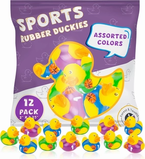 Forest & Twelfth Sports-Themed Rubber Duckies - Multicolored, Small, Durable Mini Ducks for Kids & Toddlers (Hockey, Baseball, Football, Basketball, Soccer - Pack of 12)