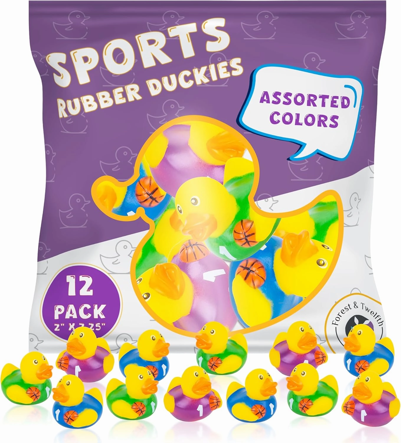 Forest & Twelfth Sports-Themed Rubber Duckies - Multicolored, Small, Durable Mini Ducks for Kids & Toddlers (Hockey, Baseball, Football, Basketball, Soccer - Pack of 12)