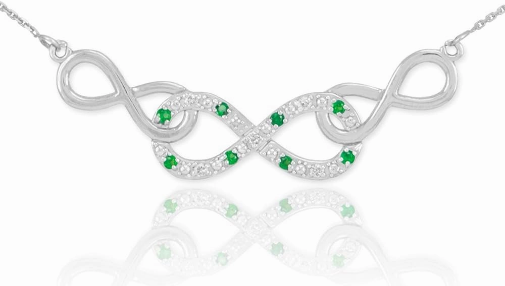 Forever Dainty 14k White Gold Emerald and Diamond Triple Infinity Pendant Necklace